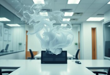 Wall Mural - Swirling smoke obscures a head in a sterile office setting, smoke, burnout