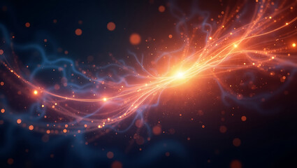 Abstract orange energy burst with glowing particles and dynamic light effects on dark background