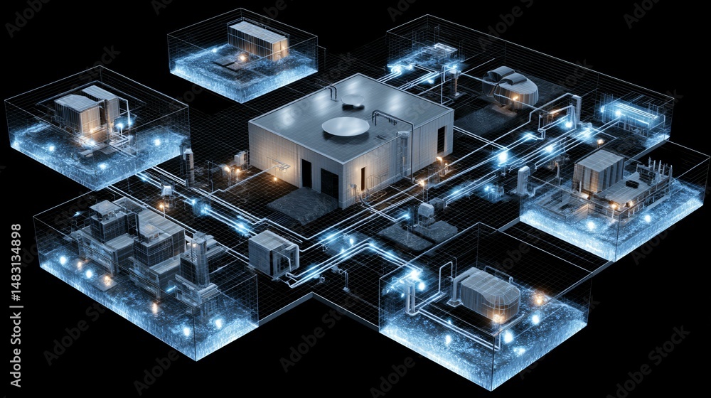 Axonometric view of a sports arena core with central mechanical room ...