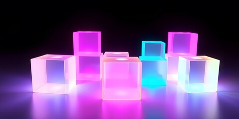 Fototapete - Glowing Cubes Abstract Art. Bright Neon Shapes, Geometric Forms. Dark Backdrop For Modern Designs. Perfect Visuals For Creative Projects