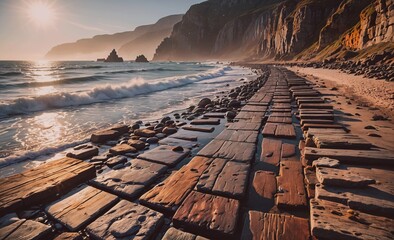 Poster - Beach with a rocky shoreline and a large body of water. The beach is lined with large wooden blocks, creating a unique and interesting landscape. The sun is setting, casting a warm glow over the scene