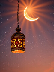 Wall Mural - Radiant ramadan: ornate lantern and crescent moon amidst starlit sky, celebrating ramadan kareem