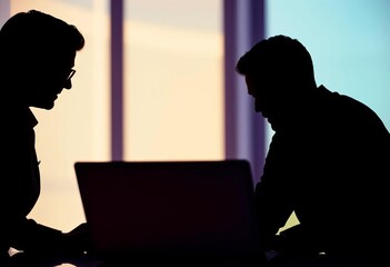 Wall Mural - Silhouettes of business figures collaborating around a laptop, colleagues, design