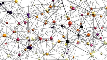 Fototapete - Complex network visualization.  Colorful polygonal nodes connected by lines. Ideal for technology, data, or connectivity concepts.