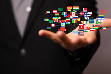 Leinwandbilder - Image of a hand holding a network of interconnected flags, symbolizing global business, international trade, and worldwide connections.