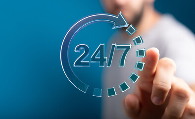 Aufkleber - Person interacting with a digital 24/7 icon, symbolizing constant support and service.
