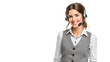 © Evodigger - Happy, smiling female customer service worker with headset,copy space,white banner,clipart.