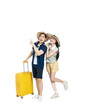 © STOCK88PHOTOGRAPHER - full body image of asian couple wearing travel clothes, pull suitcase and posing on background