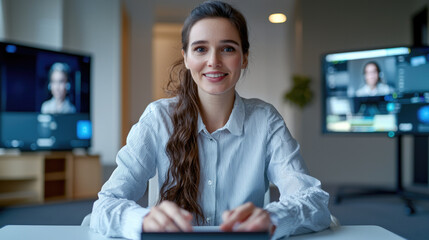 Aufkleber - Professional woman smiling at desk during video conference in modern office, technology and confidence