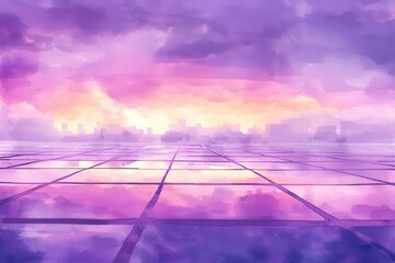 Wall Mural - Serene Purple Sunset Over a Cityscape with Reflective Surface