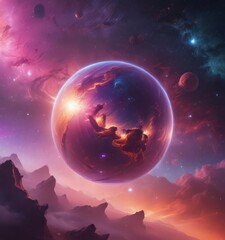 Wall Mural - mysterious luminescent sphere floats in vibrant nebula, cosmic scene , glowing, galaxy