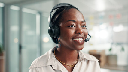 Aufkleber - Call center, black woman and agent with headset in office for crm system, consultation or review. Happy, audio tech and African customer service consultant with online help, support or contact us.