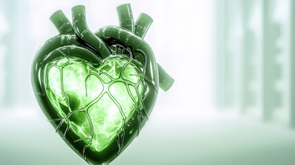 Aufkleber - Green glass heart with glowing veins, surreal medical illustration, futuristic and emotional, side view