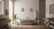 © Sanwa - Modern Minimalist Bathroom Design - Serene minimalist bathroom with stone bathtub, wooden accents, and pink paper lanterns. Spa-like ambiance
