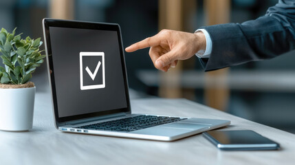 Leinwandbilder - Businessman hand pointing at check mark icon on laptop screen, modern office workspace, success concept