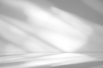 Leinwandbilder - White Background Studio with sunlight light, shadow leaf on floor podium stage for editing product display,Room room interior with grey concrete wall texture with abstract sun light on floor cement