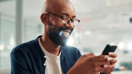 Aufkleber - Phone, smile and businessman with texting, social media or message in office laughing at meme. Funny, communication and corporate employee browsing website, mobile or internet app on smartphone