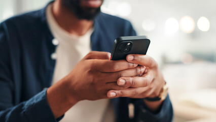 Poster - Businessman, hands and mobile in office for contact, calendar update or scroll on networking platform. Employee, phone and typing in agency for communication, email draft or browsing for productivity