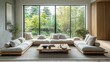 © dany - Modern minimalist living room with expansive garden views.  Wooden low seating, neutral tones, and natural light fill the space
