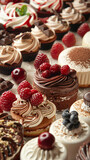 An assortment of gourmet cupcakes and desserts topped with berries, chocolate, and cream, beautifully arranged for a tempting display.