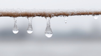 Wall Mural - crystalline droplets freezing on snow laden rod, revealing intricate winter landscape with delicate,