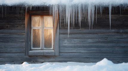Wall Mural - frosty icicles dangling from wooden cabin eaves, glowing window illuminating snowy landscape under w