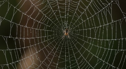 Spiderweb covered in dewdrops symbolizing nature's intricacy and delicate balance, with spider