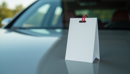 Aufkleber - Blank card standing on car hood with sunlight reflecting in background  