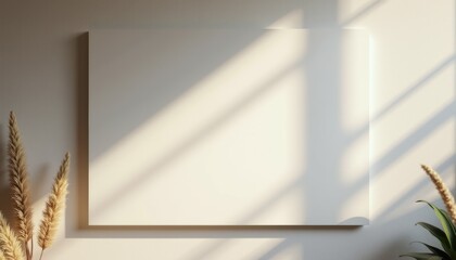 Poster - Minimalist blank canvas with sunlight shadows and plants nearby  