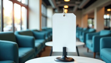 Poster - Blank tabletop sign holder in modern lounge area with teal chairs  