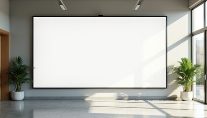 Poster - Modern interior with large blank wall and potted plants in sunlight  