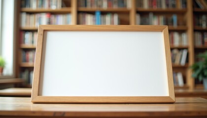 Poster - Empty wooden frame on desk in library with bookshelves behind  