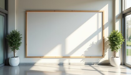 Aufkleber - Blank white wall with wooden frame and potted plants in daylight  
