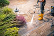 © Tomasz Zajda - Pressure Washing a Patio in a Residential Backyard, Showcasing Clean Pavers and Vibrant Plants on a Sunny Day