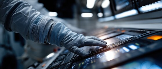 Astronaut operating control panel in spaceship, navigating mission with advanced technology and wearing spacesuit in space station