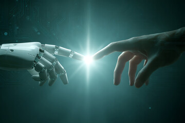 Wall Mural - human hand and robotic hand almost touching, light glowing between, dark teal background, symbolizes