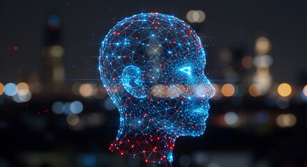 Wall Mural - abstract blue and red digital human head with glowing connected dots and blurred city lights backgro