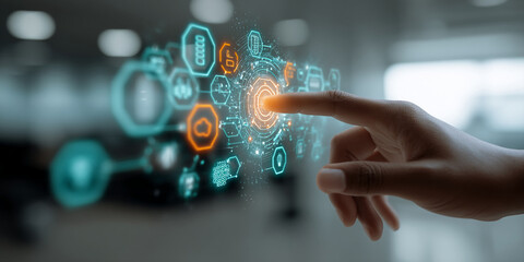Wall Mural - hand interacting with a futuristic holographic interface, showcasing technological innovation and di