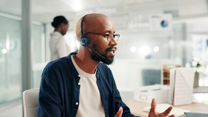 Aufkleber - Office, call center and man on computer talking for contact us, crm service and customer support. Business, professional consultant and person with headset for communication, advice and feedback
