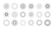 © Ukio.stock - Line fireworks. Starburst, shining sun ray icons, radial spark and sunburst simple sign. Line art festive fireworks for New Year and Independence Day celebration. Vector set
