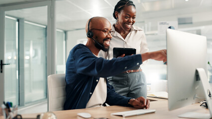 Poster - Call center, manager and happy with helping on computer for customer service training, online advice or coaching. Black people, intern or employee with assistance for technical support and new system