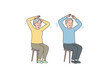 © Alevtina - Elderly man and woman exercising while sitting on stools indoors. Vector illustration about health and physical activity of elderly people. Style - minimalism, pastel colors, white background.