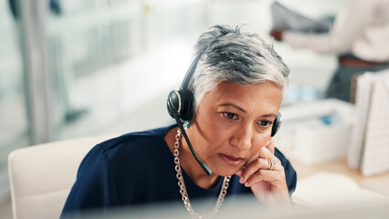 Aufkleber - Thinking, office and mature woman in call center with stress for contact us, crm service or customer support. Business, professional consultant and person with headset for problem solving on computer