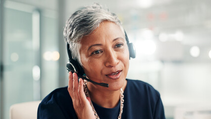 Aufkleber - Mature, happy woman or consultant talking with headset at call center for online communication. Female person, agent or employee with mic or technology for virtual assistance or customer service