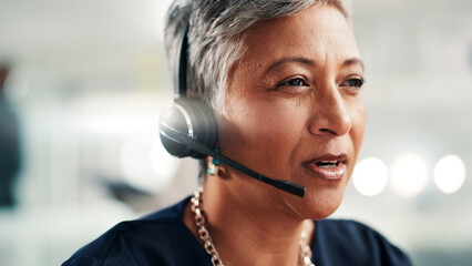 Aufkleber - Talking, call center and mature woman in office for contact us, crm service and customer support. Business, professional consultant and person with headset for communication, advice and feedback