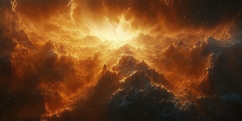 Wall Mural - Cosmic explosion illuminates the dark void with brilliant orange and golden hues surrounded by swirling clouds of gas
