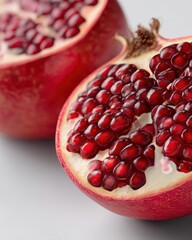 Fototapete - Vibrant close up of a pomegranate fruit reveals juicy red seeds and detailed texture against a clean white background