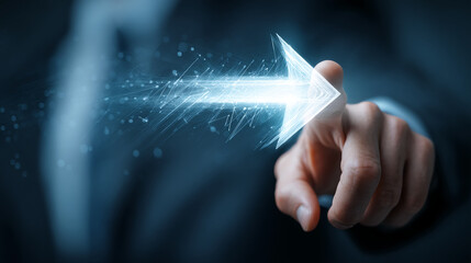 Wall Mural - close-up of a hand interacting with a glowing arrow, symbolizing progress, direction, and futuristic