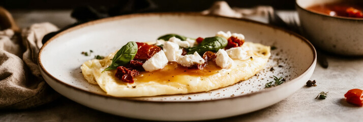 Soft, diffused light illuminates a rolled omelette with feta and spinach, highlighting its textures in a cozy, rustic, organic setting for a healthy meal, banner
