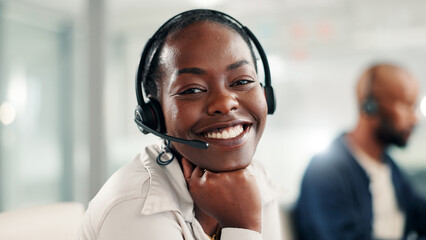 Aufkleber - Happy, black woman and portrait with headset at call center for customer service or online advice. Face, female person or agent with smile, mic or technology for virtual assistance or help at office
